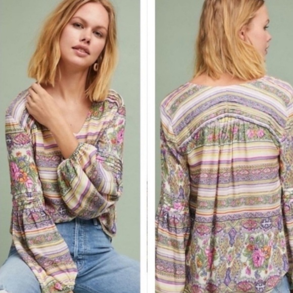 EUC Maeve Anthropologie Caresco Peasant Top Bishop Sleeves Cabbage Roses S - Picture 1 of 12